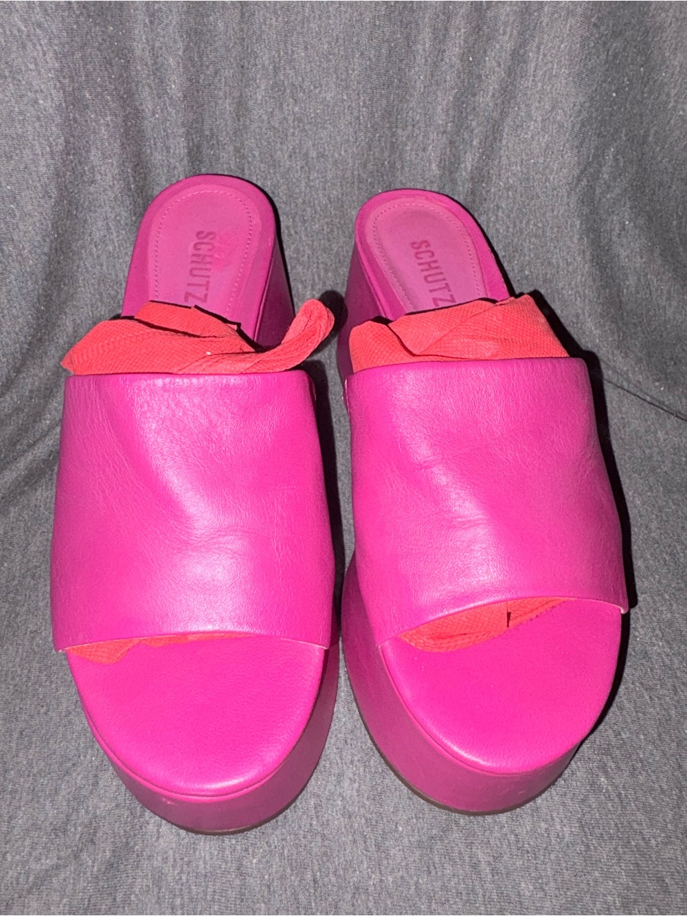 SCHUTZ Hot Pink Platform Slide Mules with Coral Accent